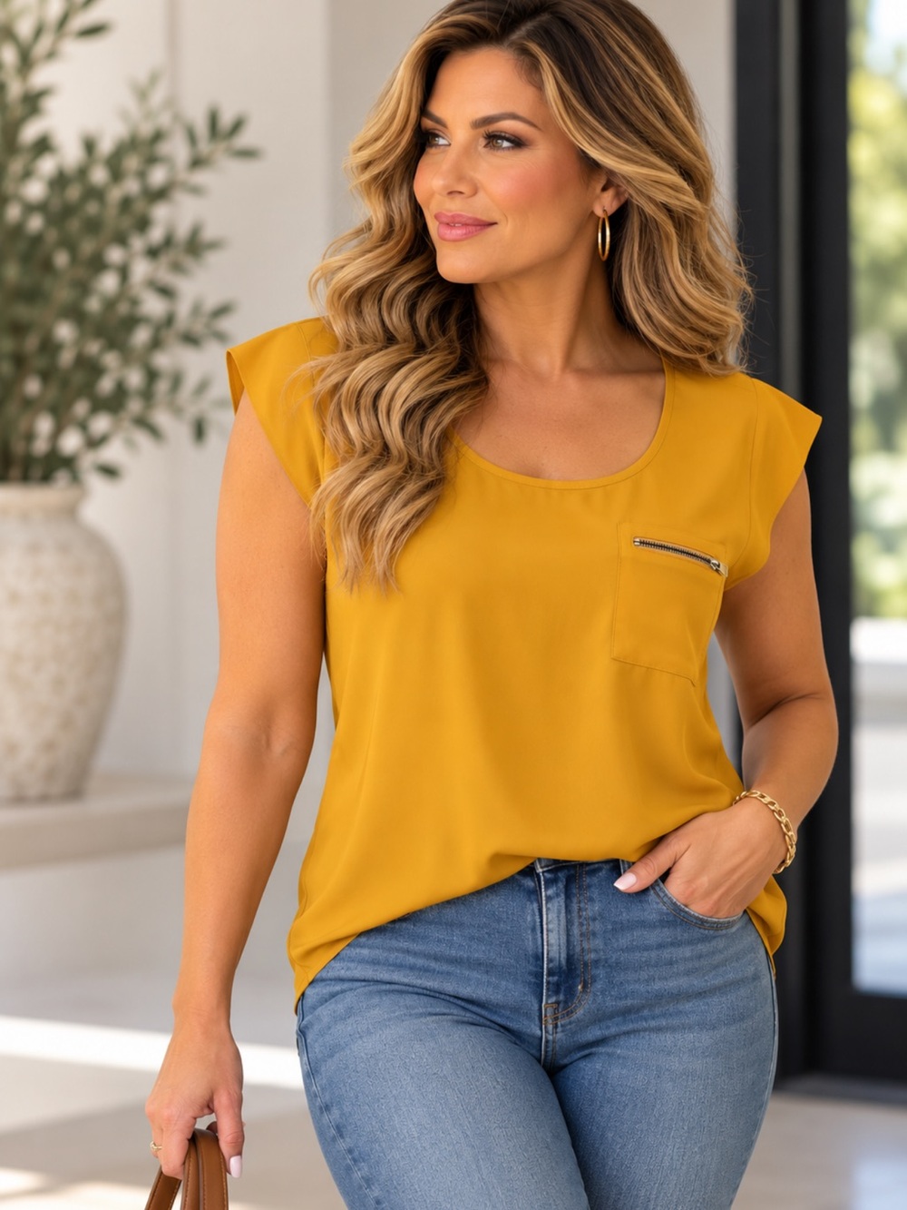 Reitmans Mustard Short Sleeve Zip Pocket Blouse